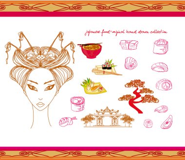 Japon yemeği, orijinal el çizimi seti.