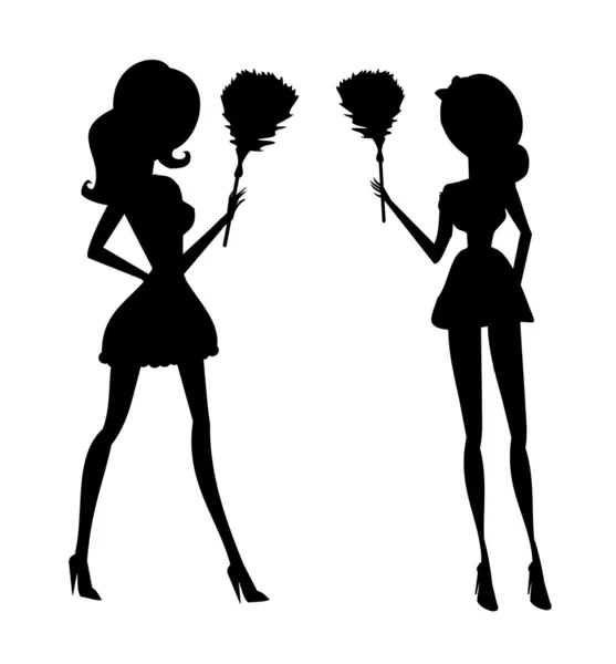 Clip art illustration of a sexy house maid in silhouette holding - Stok Vektor