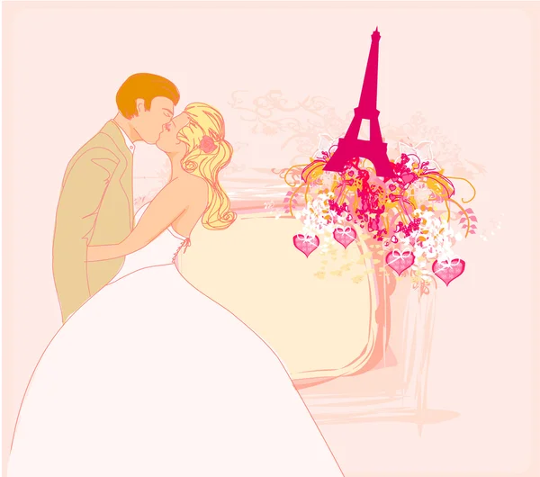 Casal romântico em Paris se beijando perto da Torre Eiffel —  Vetores de Stock