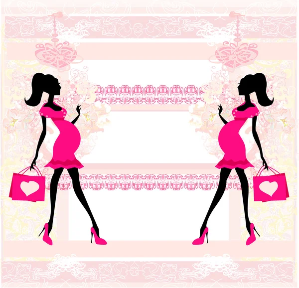 Beautiful pregnant woman on shopping - card — Stock Vector
