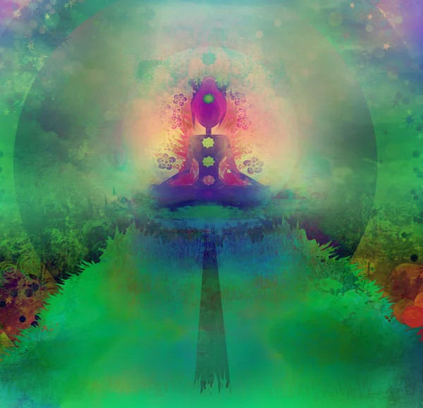 Yoga nilüfer pozu. Renkli çakra noktalı Padmasana.