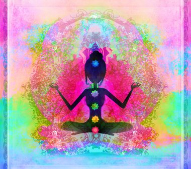 Yoga nilüfer pozu. Renkli çakra noktalı Padmasana.