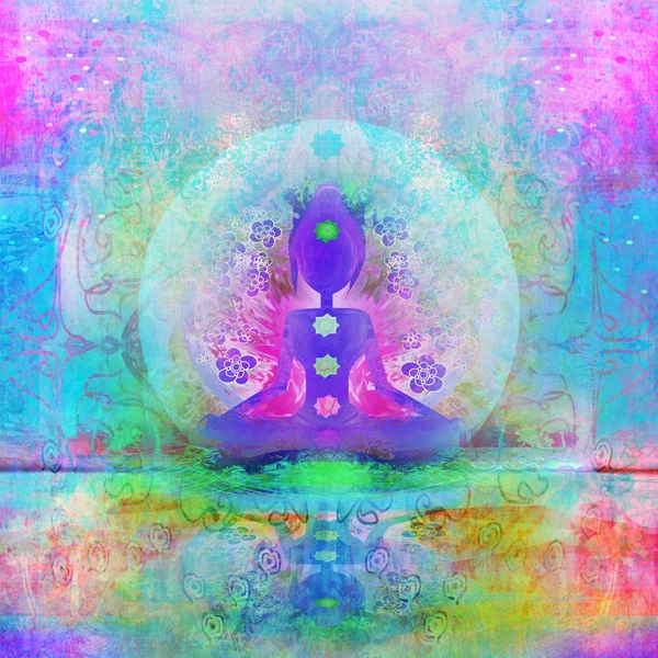 Yoga nilüfer pozu. Renkli çakra noktalı Padmasana.