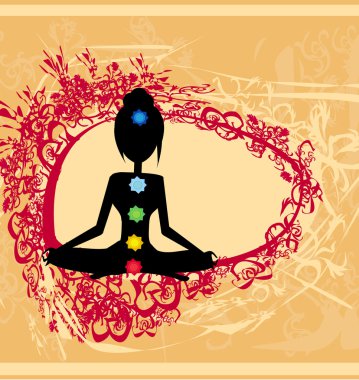 Yoga nilüfer pozu. Renkli çakra noktalı Padmasana.