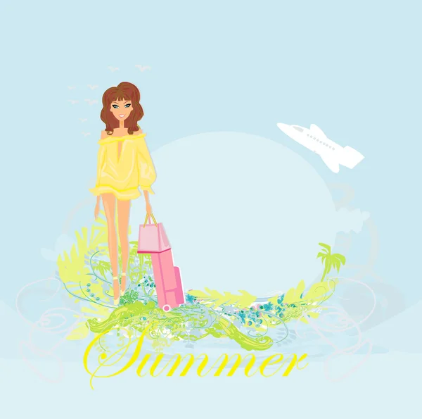 Beauty travel girl with baggage — Stock Vector