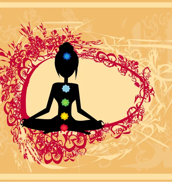 Yoga lotus pose. Padmasana with colored chakra points. — Stock Vector