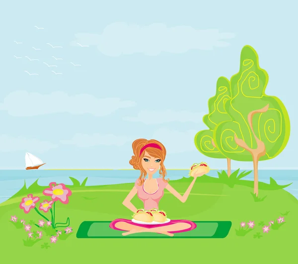 Chica en el picnic y plato de sándwiches — Vector de stock