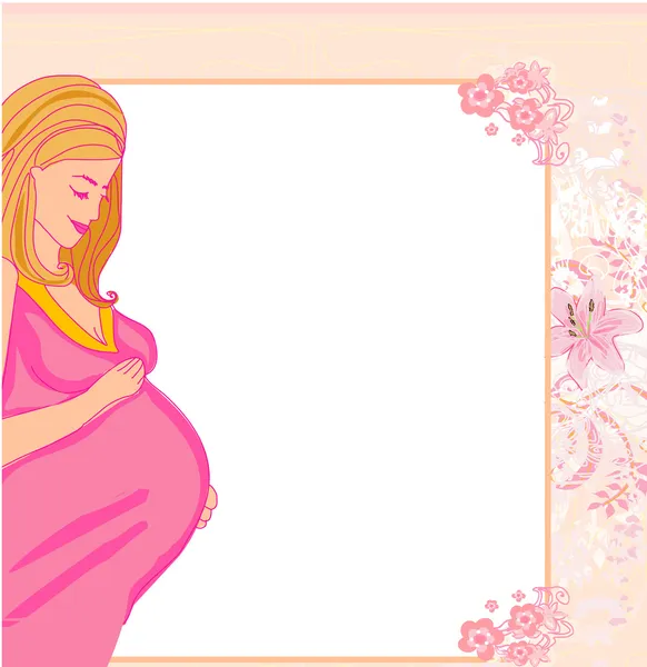 Mujer embarazada feliz, tarjeta de ducha de bebé — Vector de stock