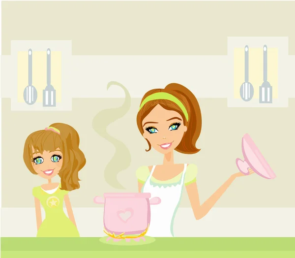 Dotter tittar på sin mamma matlagning — Stock vektor