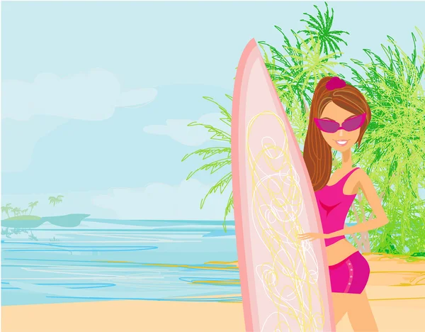 Beautiful surfer girl on a beach — Stock Vector