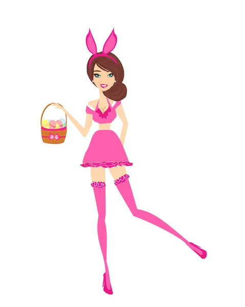 Sexy chica conejita en traje rosa — Vector de stock