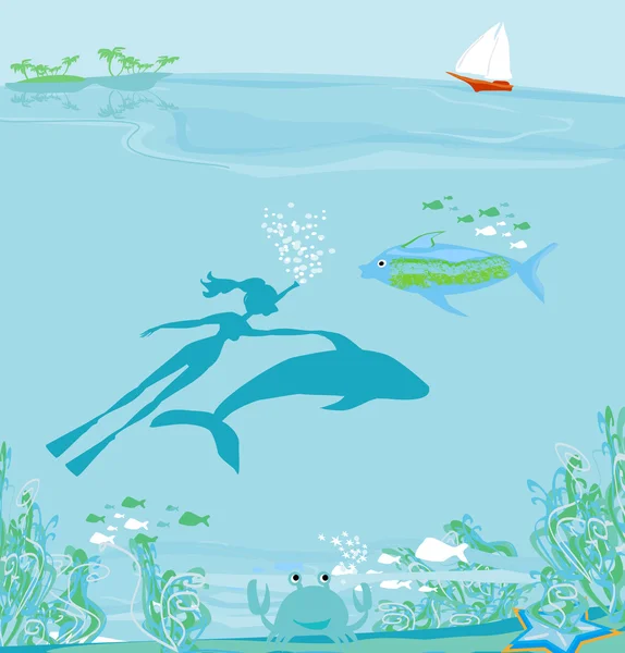 The girl-diver floats together with a dolphin — Stock Vector