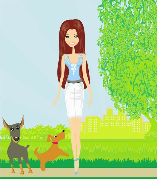 Pretty girl walking the dogs — Stock Vector