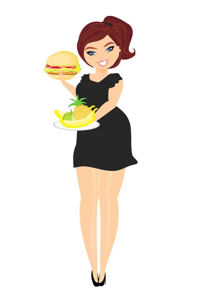 Fat woman choosing between fruit and hamburger. Isolated. — Stock Vector