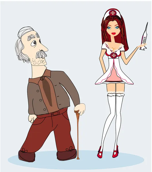 Векторна ілюстрація сексуальної медсестри і старшого чоловіка — стоковий вектор