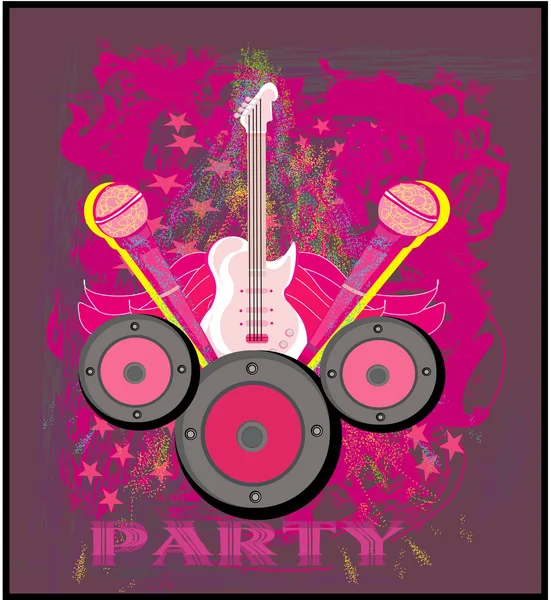 Mikrofon, Gitarre und Flügelmotiv in pink. Abstraktes Parteidesign — Stockvektor
