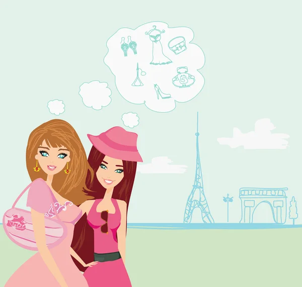 Красивые девушки Покупки в Париже — стоковый вектор