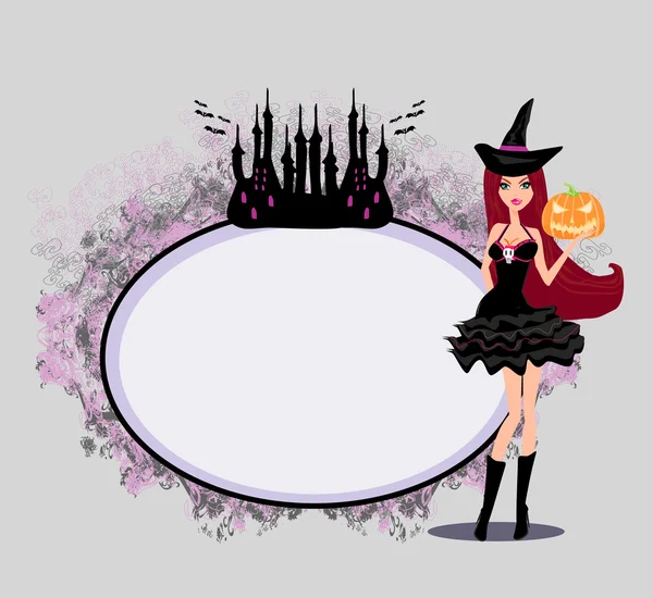 Halloween-Hexe steht mit Kürbis — Stockvektor