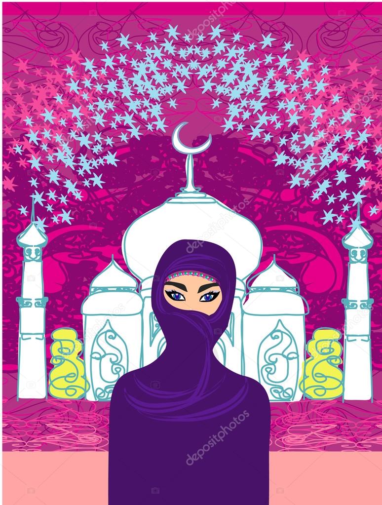 Vector illustration of a young beautiful muslim women on seamles