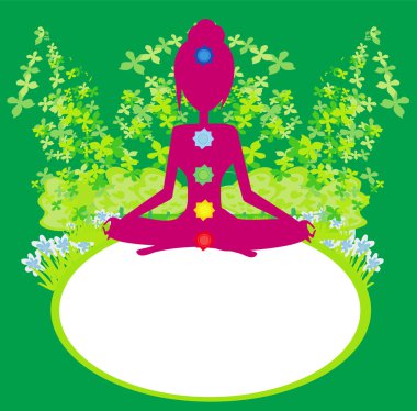 Yoga nilüfer pozu. Renkli çakra noktalı Padmasana.
