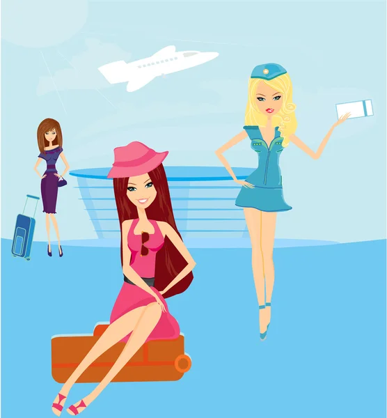 Beauty travel girls in the airport — Stock Vector