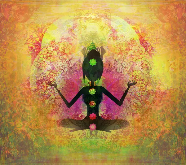 Pozycja lotosu jogi. Padmasana z kolorowymi punktami czakry. — Zdjęcie stockowe