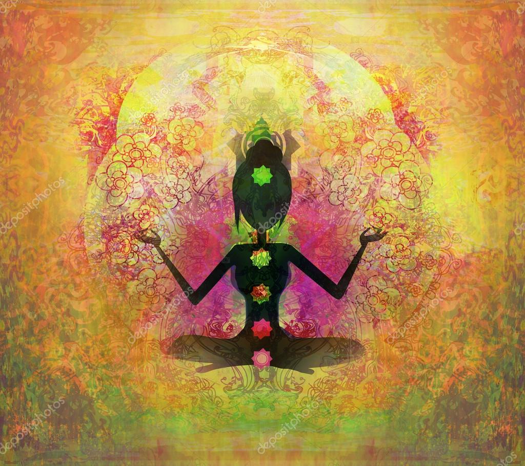 Yoga lotus pose. Padmasana with colored chakra points. — Stock Photo