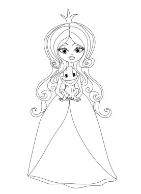 Güzel genç prenses büyük bir kurbağa tutuyor.