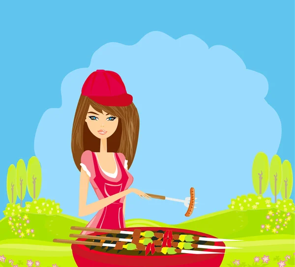 Γυναίκα που μαγειρεύει στη σχάρα — Διανυσματικό Αρχείο