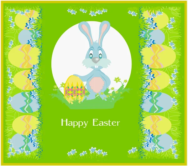 Illustration of happy Easter bunny carrying egg — Stock Vector