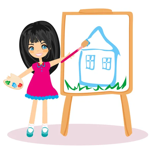 Pequeña artista niña pintando su casa de ensueño en gran lienzo de papel — Vector de stock