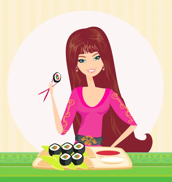 Mooi meisje genieten sushi — Stockvector