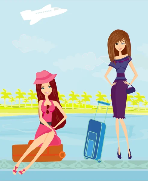 Beauty travel girls with baggage — Stock Vector