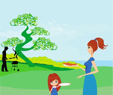Parkta piknik yapan bir ailenin vektör çizimi.