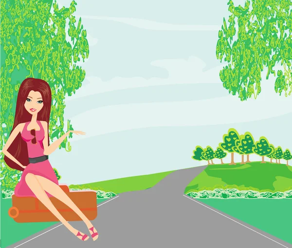 Mujer bastante joven haciendo autostop a lo largo de un camino. — Vector de stock