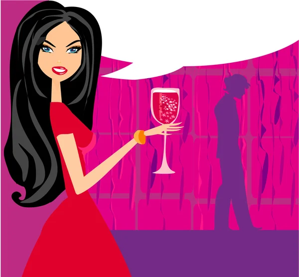 Arrabbiato donna in bar con uomo silhouette bere cocktail — Vettoriale Stock