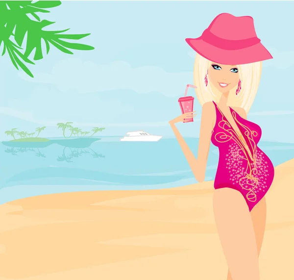 Schöne schwangere Frau, die im Sommerurlaub am blauen Strand spaziert — Stockvektor