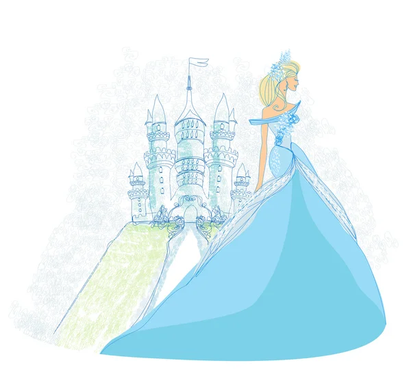 Belle jeune princesse devant son château — Image vectorielle