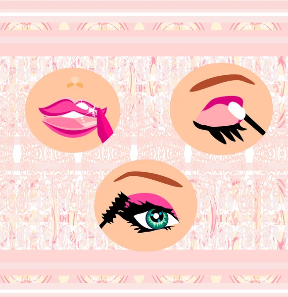 Lips paint with lipstick, eyes ink and eyeshadow — Stock Vector