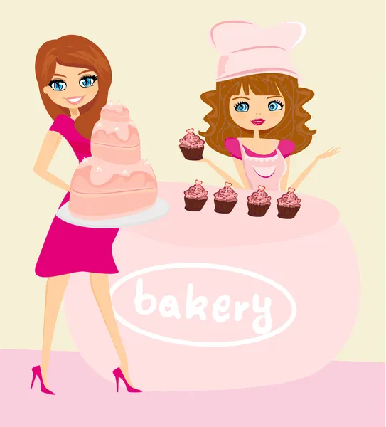 Illustration of a woman buying cake at a bakery store — Stock Vector