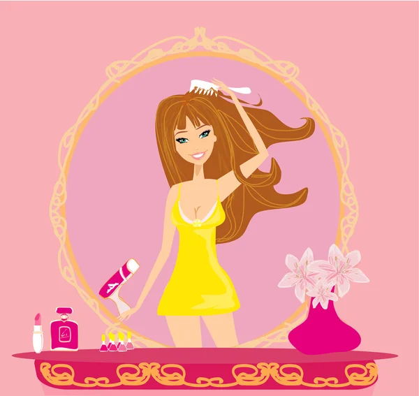 美丽的女人用烘干机擦干她的头发 — 图库矢量图片