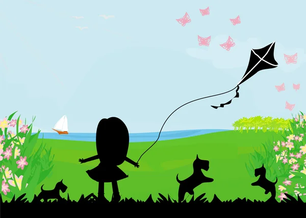 空飛ぶ凧を持つ女の子. — ストックベクタ