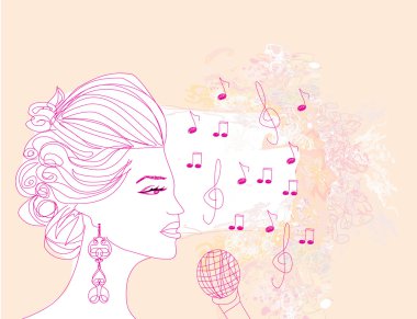 Çiçekli arka planda şarkı söyleyen el çizimi kız.