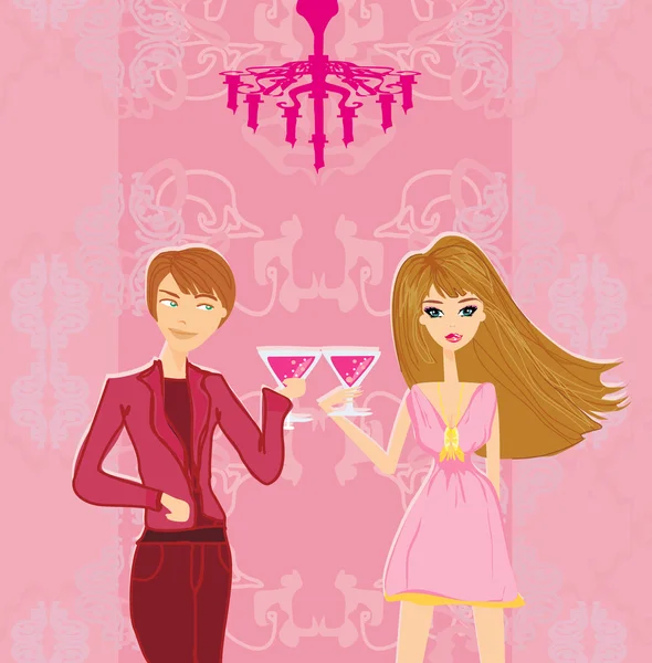 Jeune couple flirter et boire du champagne — Image vectorielle