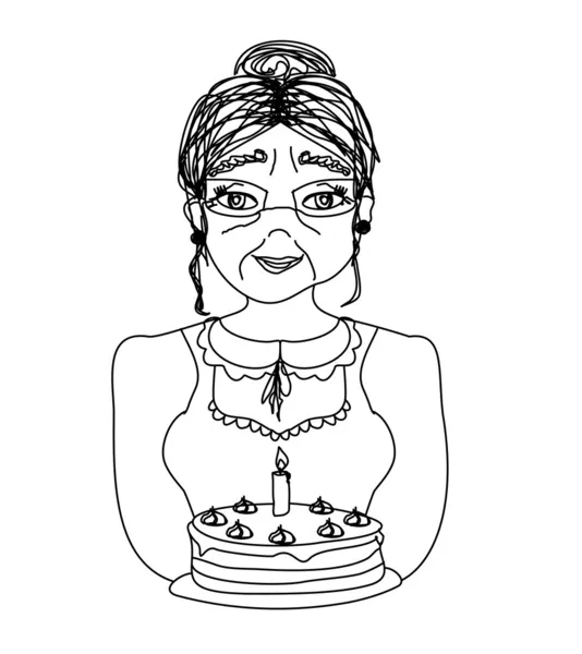 Old lady carry birthday cake — Stock Vector