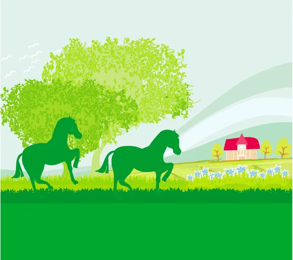 Caballos en vector de campo — Vector de stock