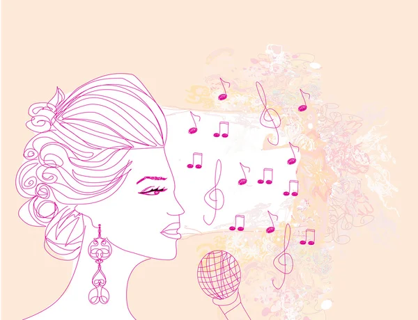 Handritad flicka sjunger en sång på en blommig bakgrund — Stock vektor