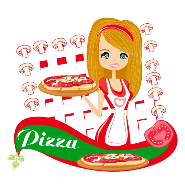 Tatlı kız pizza servisi yapıyor. — Stok Vektör