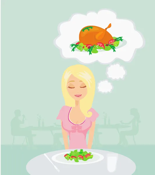 Thin girl is dreaming of a roast chicken — Stock Vector