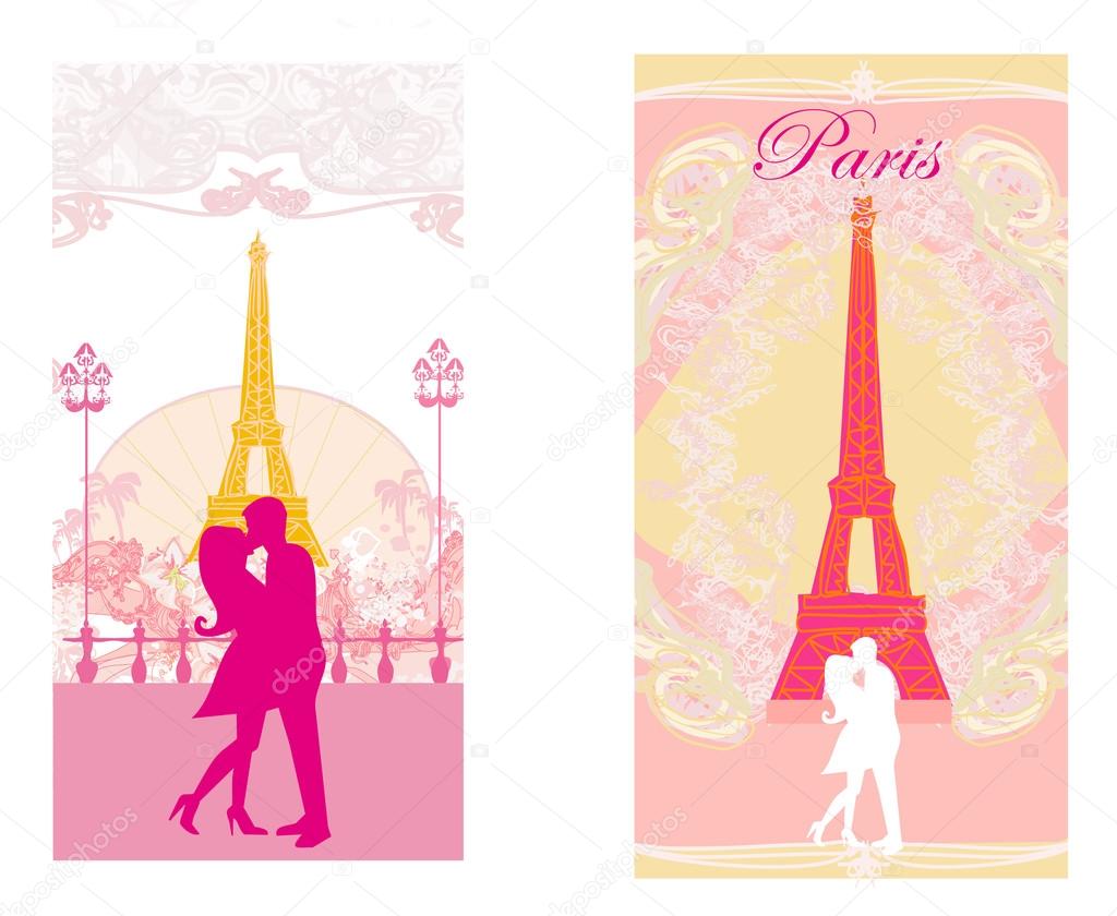 Romantic couple in Paris kissing near the Eiffel Tower Retro car